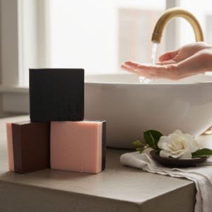Barra limpiadora facial: Jengibre, cúrcuma, carbón vegetal, árbol de té, arcilla rosa y rosa mosqueta