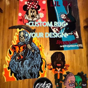 May include: Five custom-made rugs with different designs. The rugs are made of fluffy yarn and feature various characters and designs, including Mickey Mouse, a skeleton, and a figure with dreadlocks. The text "CUSTOM RUG" and "YOUR DESIGN" is visible in the center of the image.