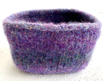 Purples and Blues Knit Felted Wool Storage Basket, Eco Friendly Home, Soft Wool Storage Container, Knit Felt Square Bowl, Eco Friendly