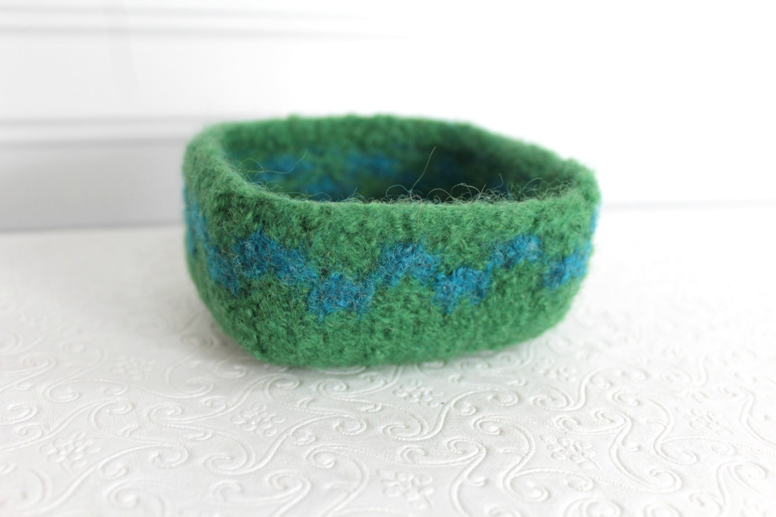Bright Green Wool Basket Knit Felt Storage Basket Boiled Etsy