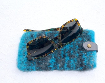 Turquoise and Gray Soft Felted Wool Case for Large Sunglasses or Glasses, Wool Case for Glasses, Eyeglass Sleeve,  JeanieBeanHandknits