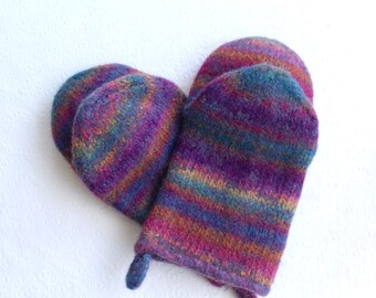 Rainbow Colors Heavy Duty Knit Felted Wool Oven Mitts, Blue, Purple, Green, Wool Oven Glove Set, Hostess Gifts,  Jeanie Bean Handknits