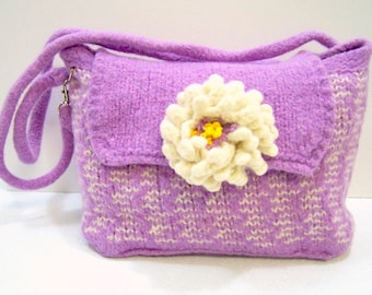 Fully Lined Felted Wool Purple Purse With Flower, Wool Shoulder Bag, Knit Felted Wool Purse, Orchid Boiled Wool Bag, Lavender Wool Felt Bag