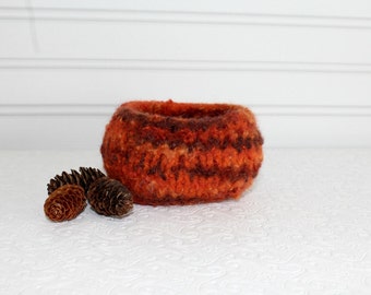 Orange Brown Knit Felt Storage Basket, Mini Wool Storage Bowl, Fall Colors Wool Bowl, Square Bowl, Sustainable Living, Eco Friendly