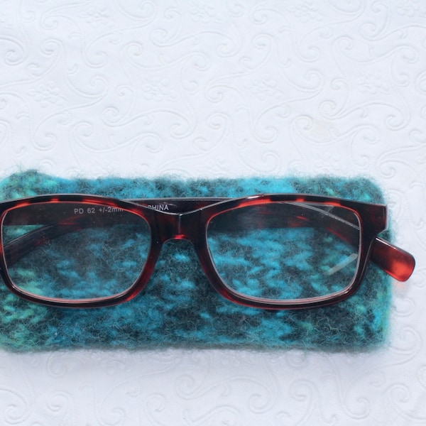 Turquoise and Greens Felted Wool Readers Case, Knit Eyeglass Case, Reading Glasses Case Jeanie Bean Handknits