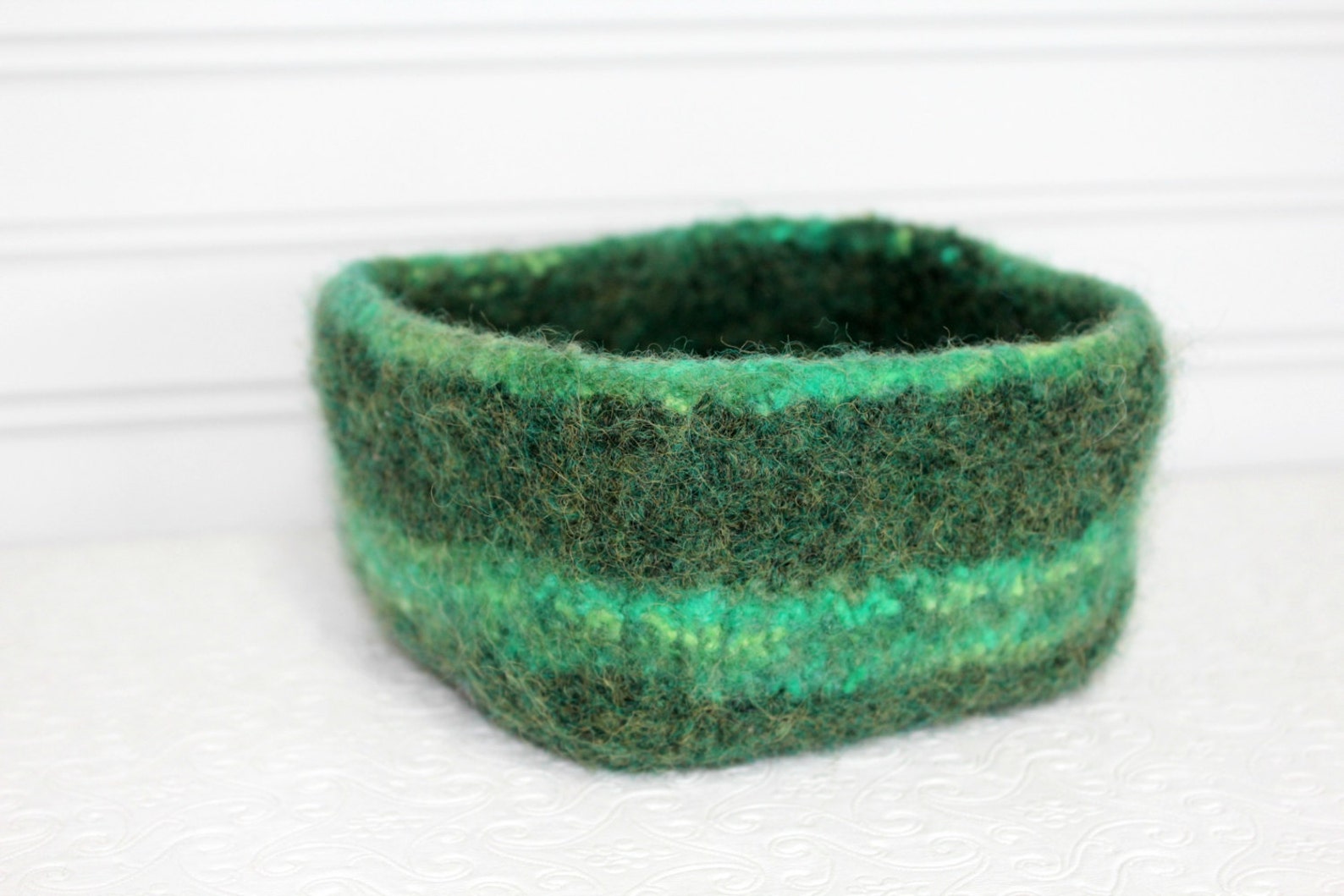 Knit Green Wool Basket, Knit Felt Storage Basket, Green Boiled Wool