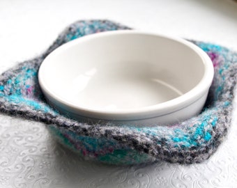 Felted Wool Bowl Cozy, Hand Knit Felted Wool Hot Pad, Eco Friendly Home, Sustainable Living, JeanieBeanHandknits, Teacher Gift, Gift for Dad