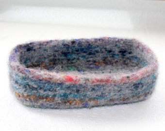 Gray Knit Wool Felted Rectangular Storage Basket,  Wool Storage Basket, Eco Friendly Storage, Sustainable Home Decor, Jeanie Bean Handknits