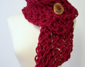 Chunky Knit Button Scarf In Red, Big Knit Button Scarf, Chunky Knit Scarf With Button, Button Scarf in Cranberry Red, Fall Fashion Trends