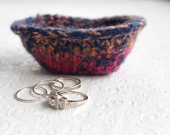 Blue, Peach, Magenta Knit Felt Ring Bowl, Wool Felt Bowl, Small Wool Felt Storage