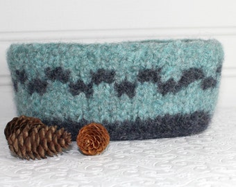 Blue Knit Felted Storage Basket, Small Wool Basket in Blue Gray, Boiled Wool Storage Basket, Wool Felt Storage Basket, Blue Gray Felt Bowl