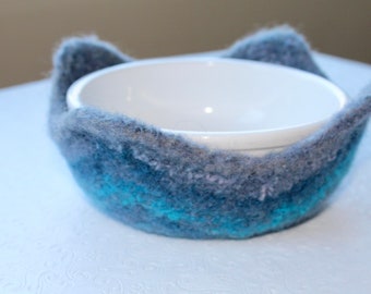 Gray and Blue Felted Wool Bowl Cozy, Gray and Turquoise Hot Pad, Eco Friendly, Sustainable, JeanieBeanHandknits, Teacher Gifts