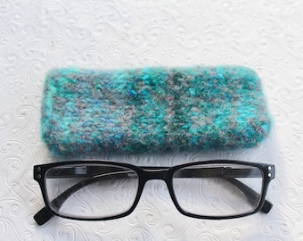 Gray and Turquoise Felted Wool  Reading Glasses Sleeve, Eyeglasses Case, Jeanie Bean Handknits