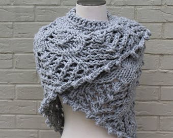 Dove Gray Chunky Knit Shawl, Hand Knit Shawl Wrap, Gray Lace Knit Shawl, Grey Warm Winter Shawl, Winter Wedding Knit Shawl, Blanket Scarf