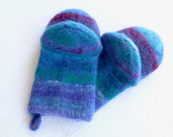 Periwinkle Blue Purple Wool Knit Felted Wool Oven Mitt Set, Seafoam, lavender Oven Mitt Set, Knit Felt Oven Mitts, Wool Felt Oven Glove Set