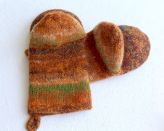 Heavy Duty Knit Felted Wool Oven Mitt Set in Orange, Rust, Cream, Gold Knit Felted Oven Mitts Wool Oven Gloves, New Home Gift, Kitchen Gift