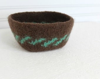 Brown and Mint Green Felted Wool Basket, Knit Storage Basket, Brown Wool Felt Square Basket, JeanieBeanHandknits