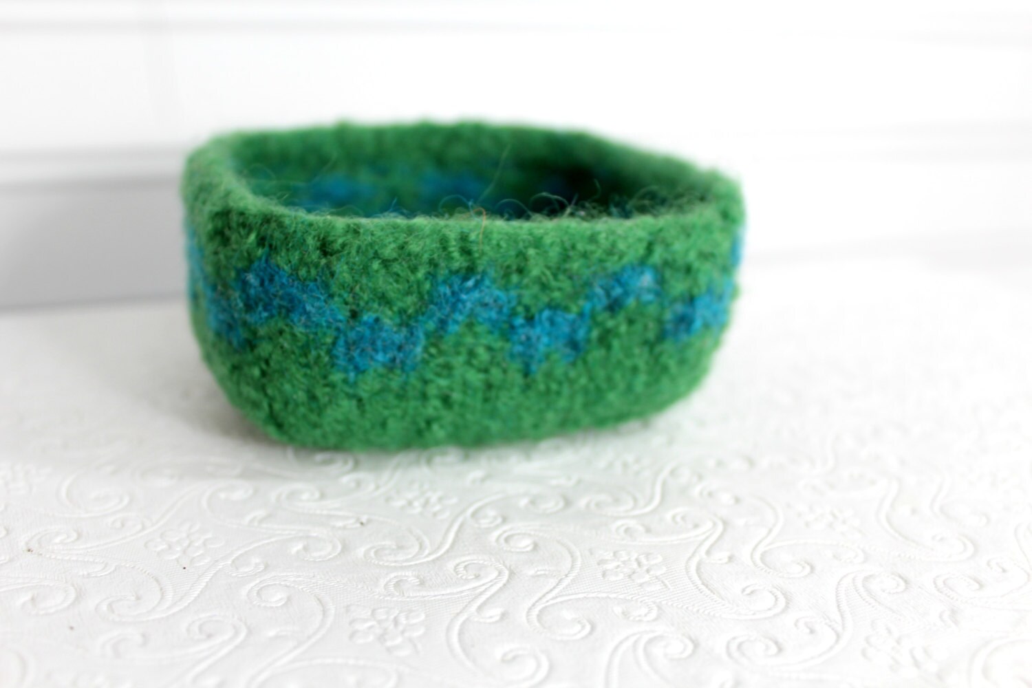 Bright Green Wool Basket Knit Felt Storage Basket Boiled Etsy