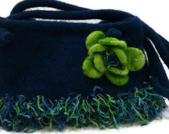 Fully Lined Blue Knit Wool Felt Shoulder Bag, Turquoise Felted Purse Flower, Felted Wool Knit Purse, Green Wool Felt Flower Bag, Hand Knit