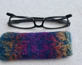 Dark Blue Felted Wool Readers Case, Rainbow Colors Knit Eyeglass Case, Reading Glasses Case Jeanie Bean Handknits