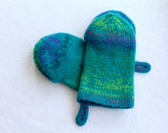 Heavy Duty Teal Knit Felted Wool Oven Mitt Set in Green, Purple,  Wool Oven Glove Set, Hostess Gifts, Chef Gift, House Closing Gift