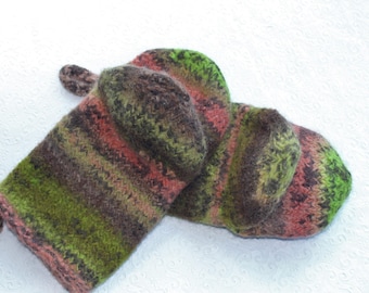 Kiwi Green Coral Brown Knit Felted Wool Oven Mitt Set, Brown Coral Knit Felted Oven Mitts Wool Oven Glove Set, Hostess Gifts, Kitchen Gift