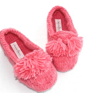 Coral Pink Merino Wool Women's Slippers with Suede Soles Tassels, Knit House Slippers in Pink, Merino House Shoes for Women, Knit Moccasins