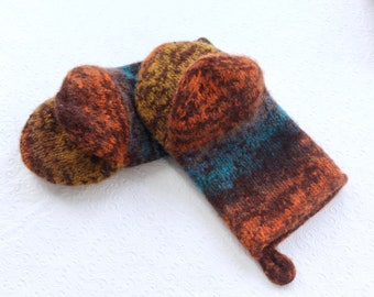 Heavy Duty Oven Mitt Set, Knit Felt Oven Mitts, Brown, Turquoise, Gold, Orange, Wool Oven Glove Set, Eco Friendly Home, Housewarming Gift,