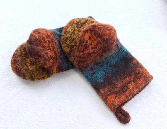 Heavy Duty Oven Mitt Set, Knit Felt Oven Mitts, Brown, Turquoise, Gold,  Orange, Wool Oven Glove Set, Eco Friendly Home, Housewarming Gift, 