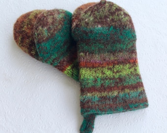 Heavy Duty Knit Felted Wool Oven Mitt Set, Green and Rusty Brown Oven Mitts, Eco Friendly Sustainable Home, Housewarming, Chef Kitchen Gifts