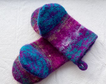 Wool Felted Heavy Duty Oven Mitts, Purple, Turquoise Wool Oven Mitts, Sustainable Living, Eco Friendly, Housewarming, 7th Anniversary Gift