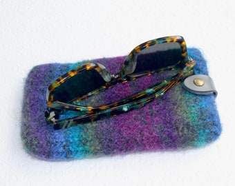 Felted Wool Blue, Purple, Green Large Eyeglass Case, Wool Eyeglass Sleeve, Soft Case for Large Sunglasses or Glasses, JeanieBeanHandknits