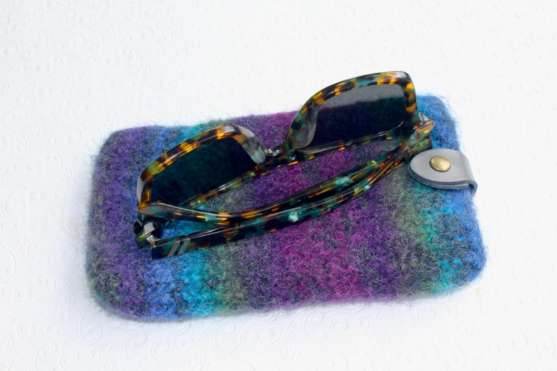 Felted Wool Blue, Purple, Green Large Eyeglass Case, Wool Eyeglass Sleeve, Soft Case for Large Sunglasses or Glasses, JeanieBeanHandknits image 1