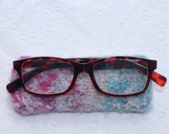 Gray, Turquoise, Magenta Felted Wool Reading Glasses Sleeve,  Wool Eyeglasses Case, Jeanie Bean Handknits