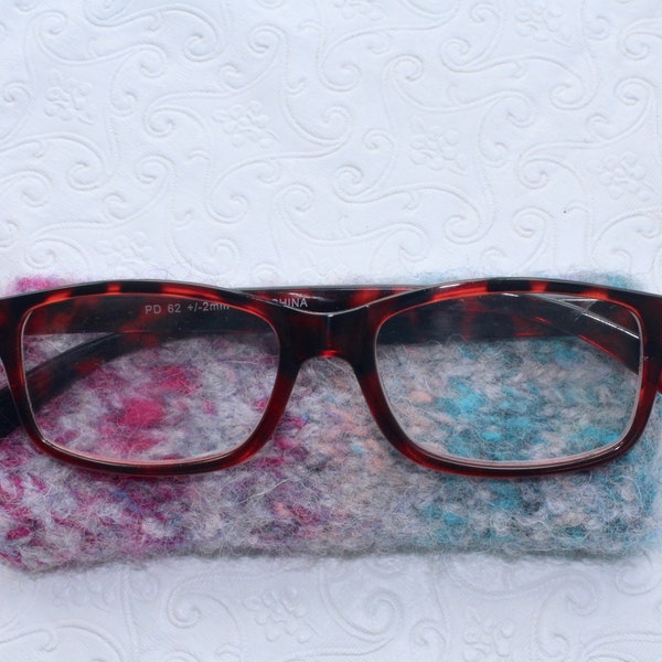 Gray, Turquoise, Magenta Felted Wool Reading Glasses Sleeve,  Wool Eyeglasses Case, Jeanie Bean Handknits