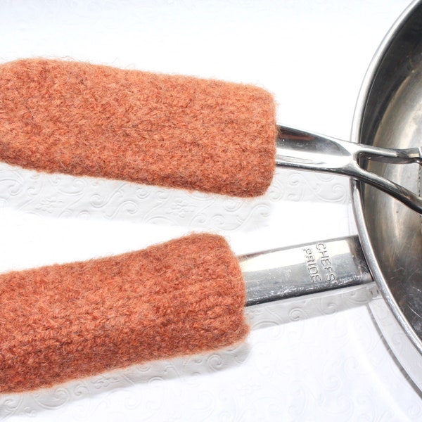 Orange Wool Knit Felted Pot Handle Covers, Cast Iron Skillet Handle Cover, Skillet Handle Holder, Griddle Pan Handle, Skillet Sleeve