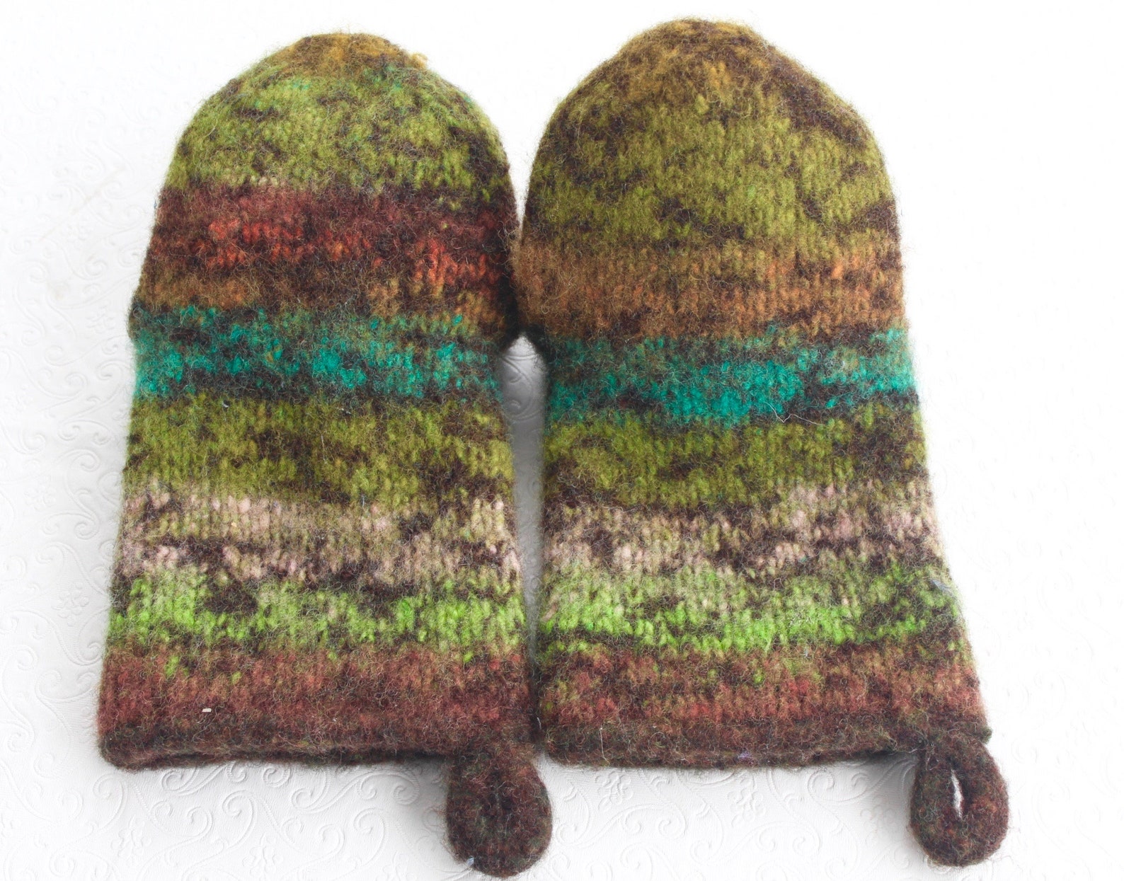 Heavy Duty Knit Felted Wool Oven Mitt Set Brown Green Etsy