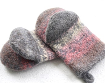 Gray Pink Knit Felted Wool Oven Mitt Set, Housewarming Gift, Boiled Wool Oven Mitts, Kitchen Gifts, Eco Friendly Home, Anniversary