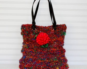 Large  Knit Silk Sari Tote Bag,  Fully Lined Knit Purse, Knit Tote Bag, Summer Purse, Summer Bag, Recycled Silk Sari