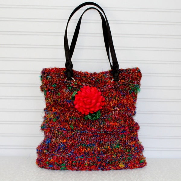 Large  Knit Silk Sari Tote Bag,  Fully Lined Knit Purse, Knit Tote Bag, Summer Purse, Summer Bag, Recycled Silk Sari