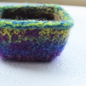 Purple, Blue and Lime Green Wool Felt Basket, Knit Felt Storage Basket, Boiled Wool Storage Basket, Soft Wool Container, Hand Knit Wool Bowl