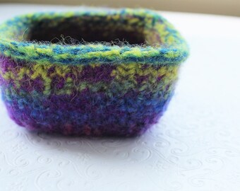 Purple, Blue and Lime Green Wool Felt Basket, Knit Felt Storage Basket, Boiled Wool Storage Basket, Soft Wool Container, Hand Knit Wool Bowl