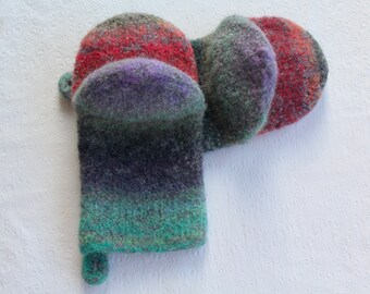 Heavy Duty Wool Felted Oven Mitts, Hand Knit in Seafoam, Gray, Lavender, Red, Housewarming Gift, Eco Friendly, Jeanie Bean Handknits