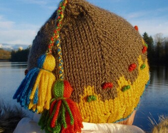 READY TO SHIP Hand Knit Teen or Adult Hat - Yellow & Taupe Toque with dangling tassels - Hand Knitted Hat - Womens Accessories