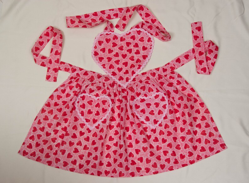 Girls Full Apron Red Heart Print Cotton Fabric with Heart Shape Bib and Pockets with Pink Rick Rack Trim Free Shipping