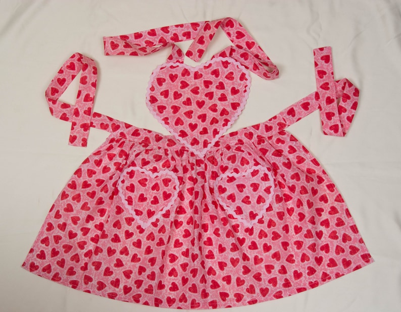 Girls Full Apron Red Heart Print Cotton Fabric with Heart Shape Bib and Pockets with Pink Rick Rack Trim Free Shipping