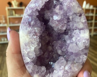 Pink Amethyst Crystal Geode Egg, Sparkly Cluster, Rainbow Inclusions