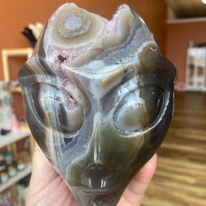 May include: A carved agate stone sculpture of an alien head with a grey, white, and brown color scheme. The sculpture has a detailed face with large eyes and a small mouth.
