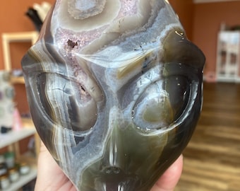 Hand Carved Agate Alien Skull with Amethyst Druzy