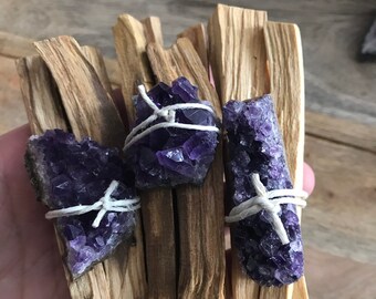 Palos Santo bundle with Amethyst crystal cluster, incense, holy wood, Amethyst, cleanse